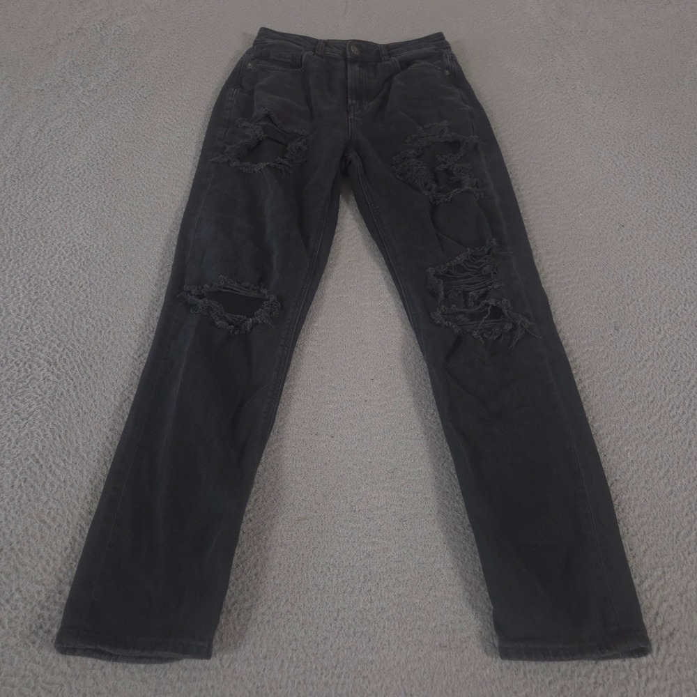 American Eagle Jeans Womens 2 Long Black Mom Distressed Ripped Denim High Rise